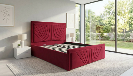 Paturi tapițate - Pat dublu tapitat model Virginia, 140/200 cm, culoare visiniu, cu somiera metalica rabatabila si spatiu de depozitare
