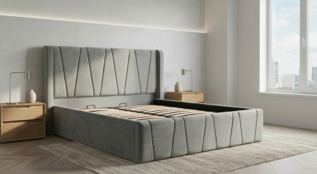 Magazin - Pat dublu tapitat Montana simple 160/200 cm, gri deschis, cu somiera metalica rabatabila si spatiu de depozitare