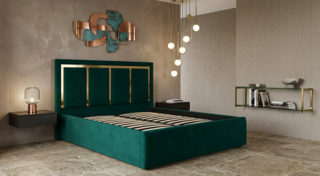 Pat dublu tapitat New York cu benzi aurii, 160/200, verde, cu somiera metalica rabatabila si spatiu de depozitare [0]