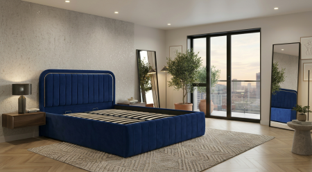 Pat dublu tapitat Oregon, 160/200 cm, bleumarin, cu somiera metalica rabatabila si spatiu de depozitare [0]