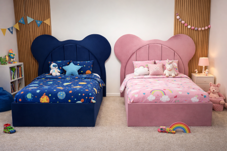 Paturi copiii - Pat pentru copii tapitat Mickey 100/200 cm, cappucino cu somiera metalica rabatabila si spatiu de depozitare