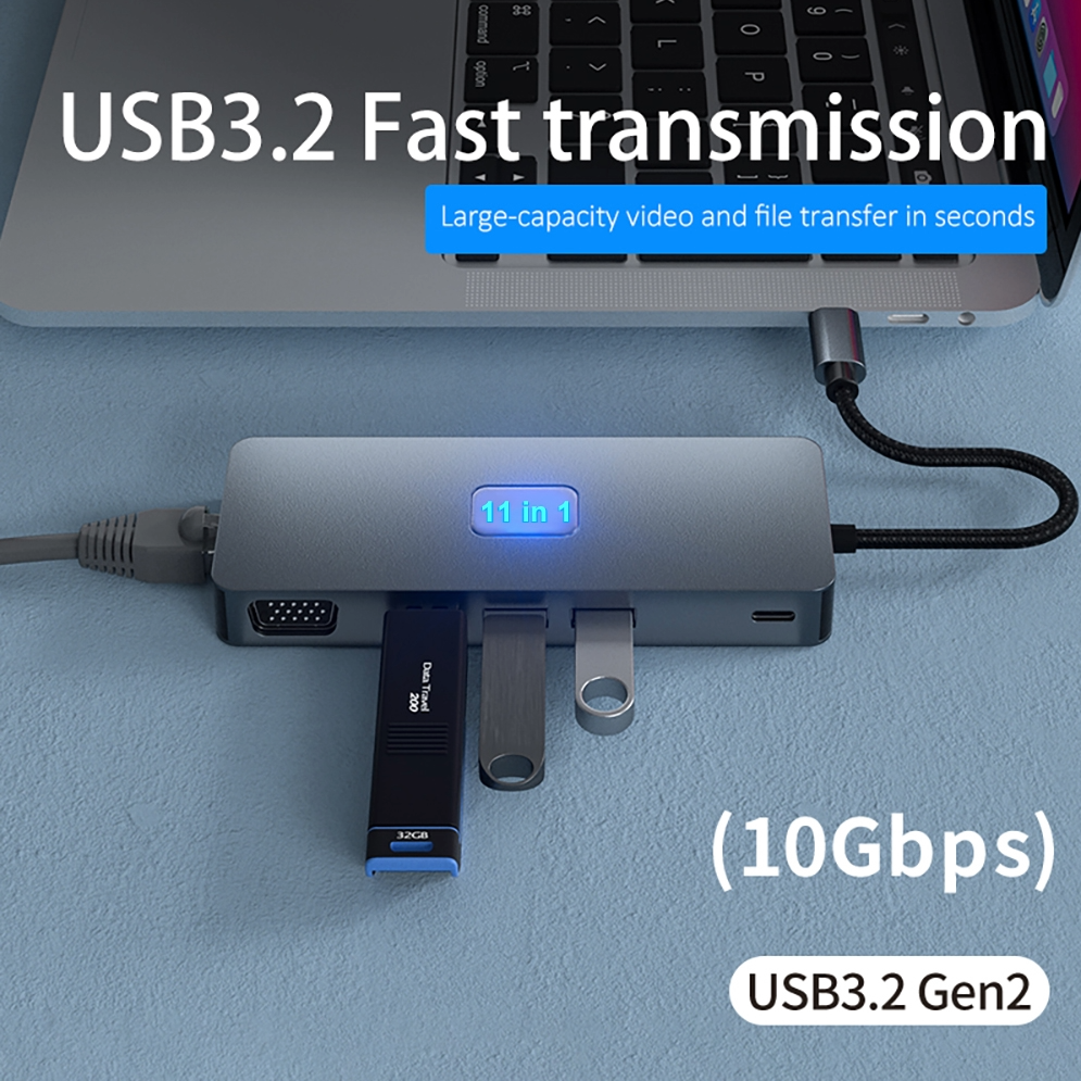 Hub Adaptor Multiport Justlink 11 in 1 USB-C 3.2 HDMI 4K60Hz / DP 4K60Hz / VGA 1080P60Hz / RJ45 Ethernet 1000Mbps Gigabit / 3 x USB 3.2 [6]
