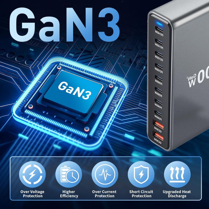 Statie de incarcare cu 10 porturi 800 W, USB-C pana la 140W, USB-A QC 30W Incarcator Compact pentru mai multe Dispozitive, Compatibil cu Laptopuri, iPhone 15/16, Galaxy, PS5 [2]