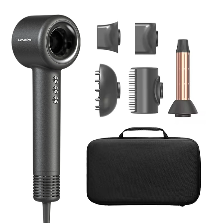 Uscator Profesional Lansam Pro LS6001, cod culoare GG, 5 accesorii incluse si geanta de transport customizata, 5 trepte de caldura, 4 trepte de viteza, – Motor Digital 120.000 RPM, Ionizare, 500 milio [1]