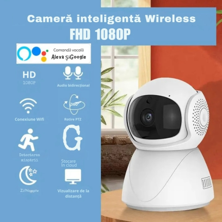 Produse - Camera supraveghere, microfon bidirectional. alb, Focus Q5 Wi-Fi cu Pan/Tilt 360 grade, FHD, IR10m, detectarea miscarilor, Night Vision, Mod Privacy, card microSD, stocare Cloud, Rotire orizontala 350