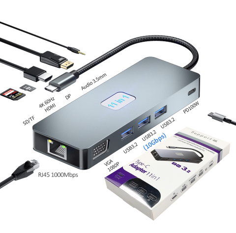 Produse - Hub Adaptor Multiport Justlink 11 in 1 USB-C 3.2 HDMI 4K60Hz / DP 4K60Hz / VGA 1080P60Hz / RJ45 Ethernet 1000Mbps Gigabit / 3 x USB 3.2