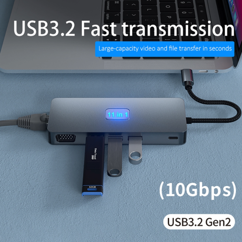 Hub Adaptor Multiport Justlink 11 in 1 USB-C 3.2 HDMI 4K60Hz / DP 4K60Hz / VGA 1080P60Hz / RJ45 Ethernet 1000Mbps Gigabit / 3 x USB 3.2 [5]