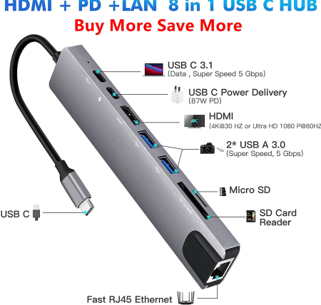 Produse - Hub USB Adaptor Multiport 8 in 1 Just Link type-c la HDMI 4K / 30Hz, PD 100W Charging Port / LAN RJ45 Internet 100 mb / Type C 3.1 Port / 2X USB A 3.0 / Power Delivery Port 87W / TF si SD Card Reader,