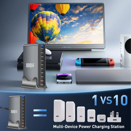 Statie de incarcare cu 10 porturi 800 W, USB-C pana la 140W, USB-A QC 30W Incarcator Compact pentru mai multe Dispozitive, Compatibil cu Laptopuri, iPhone 15/16, Galaxy, PS5 [4]