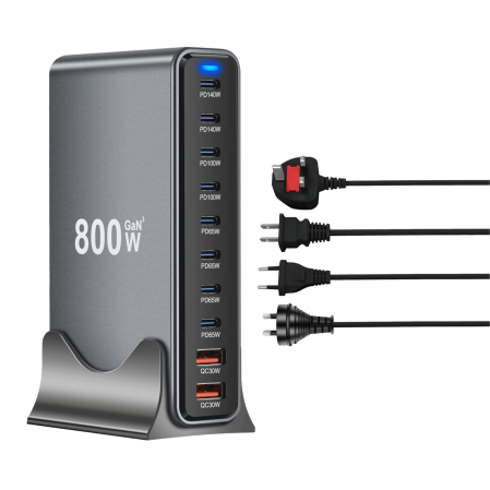 Produse - Statie de incarcare cu 10 porturi 800 W, USB-C pana la 140W, USB-A QC 30W Incarcator Compact pentru mai multe Dispozitive, Compatibil cu Laptopuri, iPhone 15/16, Galaxy, PS5