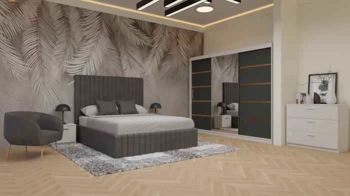 Dormitor Cairo Tapitat Dressing 250x200 3 Usi Cu Oglinda Alb&Gri Antracit [2]