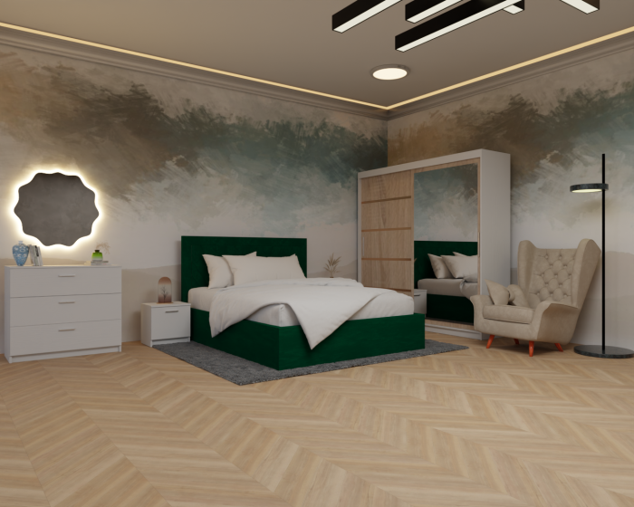 Dormitor: Lotus Pat Tapitat Dressing 200x200 Alb&Sonoma 2 Usi cu Oglinda [5]