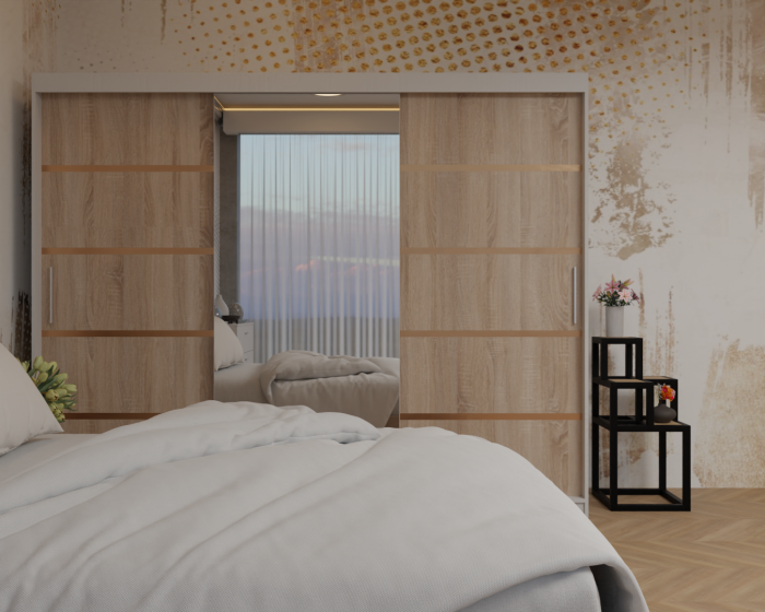 Dormitor: Lotus Pat Tapitat Dressing 250x200 Alb&Sonoma 3 Usi cu Oglinda [4]