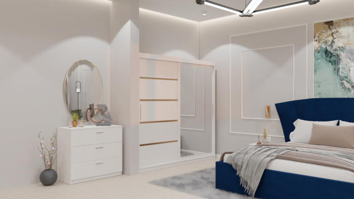 Dormitor Lucas cu Pat Tapitat Stofa Albastru cu dulap 200*200 usi glisante Alb cu oglinda , noptiere si comoda [5]