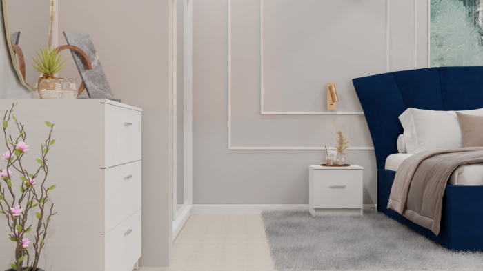 Dormitor Lucas cu Pat Tapitat Stofa Albastru cu dulap 200*200 usi glisante Alb cu oglinda , noptiere si comoda [6]