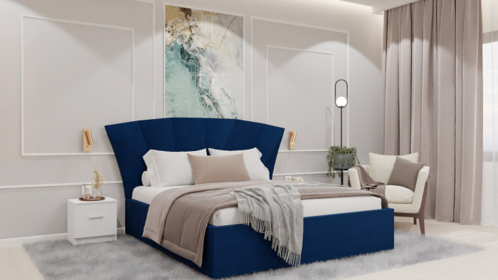 Dormitor Lucas cu Pat Tapitat Stofa Albastru cu dulap 200*200 usi glisante Alb , noptiere si comoda [9]