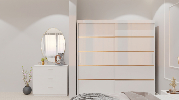 Dormitor Lucas cu Pat Tapitat Stofa Albastru cu dulap 200*200 usi glisante Alb , noptiere si comoda [6]