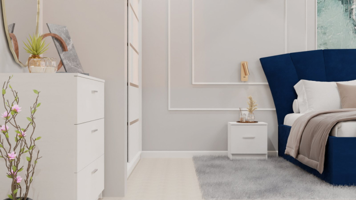 Dormitor Lucas cu Pat Tapitat Stofa Albastru cu dulap 200*200 usi glisante Alb , noptiere si comoda [10]