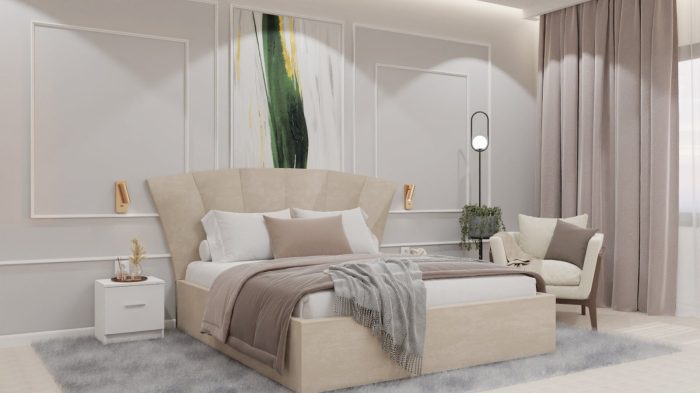 Dormitor Lucas cu Pat Tapitat Stofa Bej cu dulap 200*200 usi glisante Alb cu oglinda , noptiere si comoda [9]