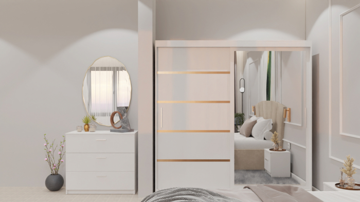 Dormitor Lucas cu Pat Tapitat Stofa Bej cu dulap 200*200 usi glisante Alb cu oglinda , noptiere si comoda [5]