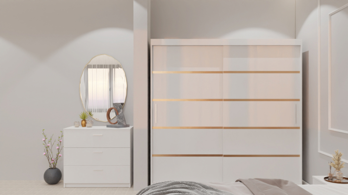 Dormitor Lucas cu Pat Tapitat Stofa Bej cu dulap 200*200 usi glisante Alb , noptiere si comoda [5]