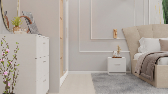 Dormitor Lucas cu Pat Tapitat Stofa Bej cu dulap 200*200 usi glisante Sonoma cu oglinda , noptiere si comoda [6]