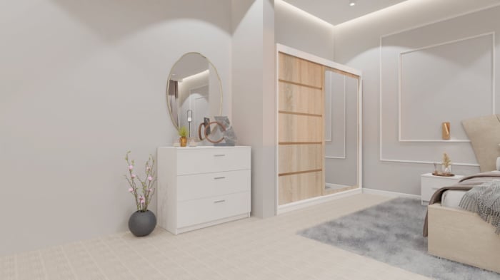 Dormitor Lucas cu Pat Tapitat Stofa Bej cu dulap 200*200 usi glisante Sonoma cu oglinda , noptiere si comoda [8]