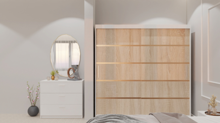 Dormitor Lucas cu Pat Tapitat Stofa Bej cu dulap 200*200 usi glisante Sonoma , noptiere si comoda [5]