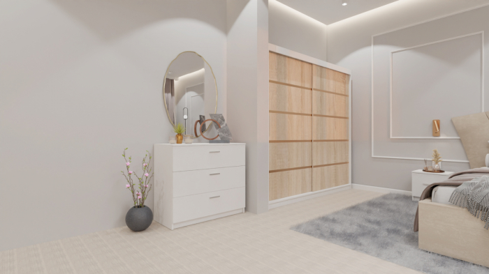 Dormitor Lucas cu Pat Tapitat Stofa Bej cu dulap 200*200 usi glisante Sonoma , noptiere si comoda [2]