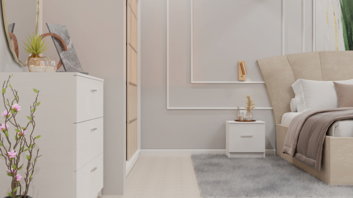 Dormitor Lucas cu Pat Tapitat Stofa Bej cu dulap 200*200 usi glisante Sonoma , noptiere si comoda [6]