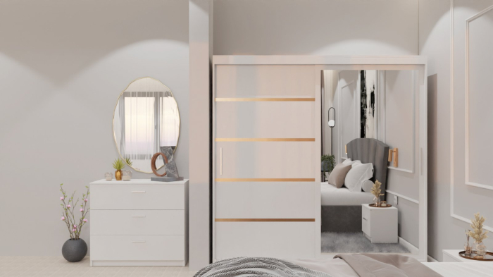 Dormitor Lucas cu Pat Tapitat Stofa Gri cu dulap 200*200 usi glisante Alb cu oglinda , noptiere si comoda [10]