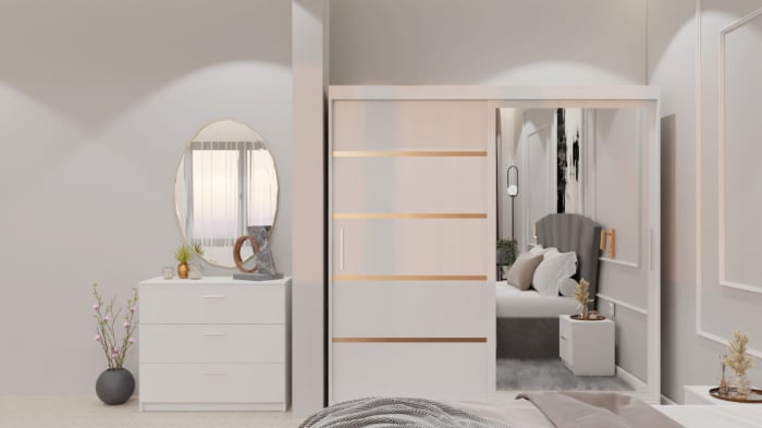 Dormitor Lucas cu Pat Tapitat Stofa Gri cu dulap 200*200 usi glisante Alb cu oglinda , noptiere si comoda [5]