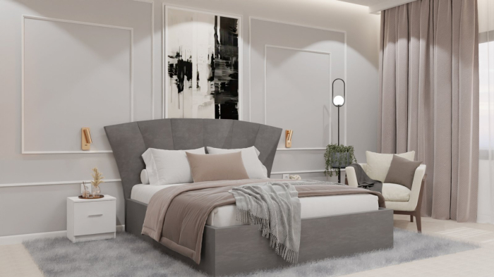 Dormitor Lucas cu Pat Tapitat Stofa Gri cu dulap 200*200 usi glisante Alb cu oglinda , noptiere si comoda [9]