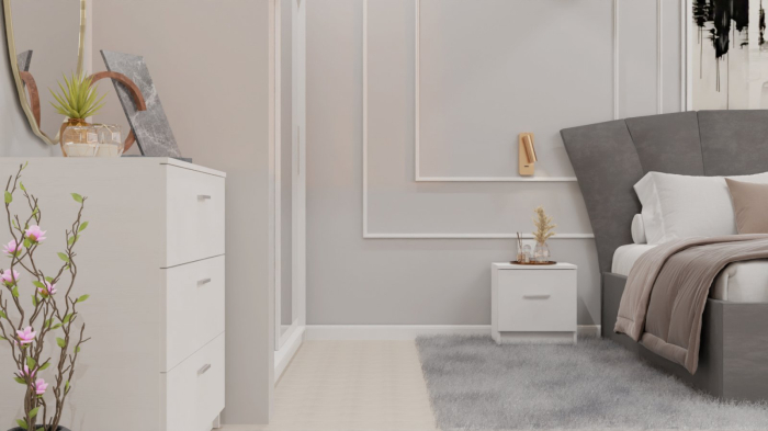 Dormitor Lucas cu Pat Tapitat Stofa Gri cu dulap 200*200 usi glisante Alb cu oglinda , noptiere si comoda [11]