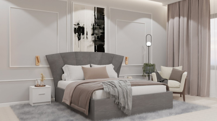 Dormitor Lucas cu Pat Tapitat Stofa Gri cu dulap 200*200 usi glisante Alb , noptiere si comoda [9]