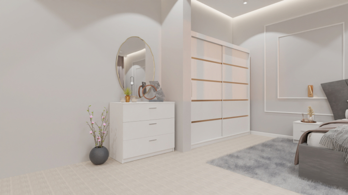 Dormitor Lucas cu Pat Tapitat Stofa Gri cu dulap 200*200 usi glisante Alb , noptiere si comoda [2]