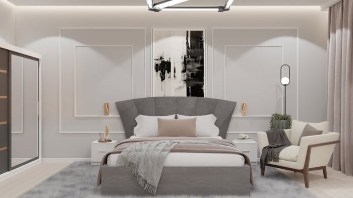 Dormitor Lucas cu Pat Tapitat Stofa Gri cu dulap 200*200 usi glisante Antracit&Alb cu oglinda , noptiere si comoda [7]