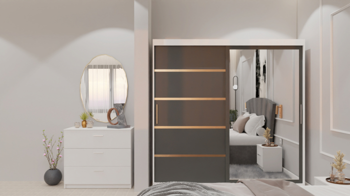 Dormitor Lucas cu Pat Tapitat Stofa Gri cu dulap 200*200 usi glisante Antracit&Alb cu oglinda , noptiere si comoda [5]