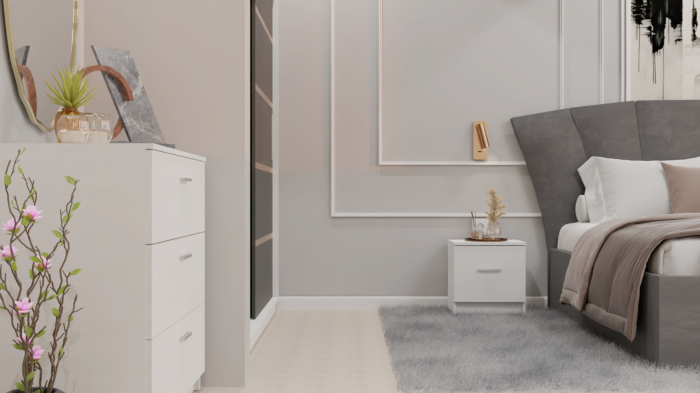 Dormitor Lucas cu Pat Tapitat Stofa Gri cu dulap 200*200 usi glisante Antracit&Alb , noptiere si comoda [5]