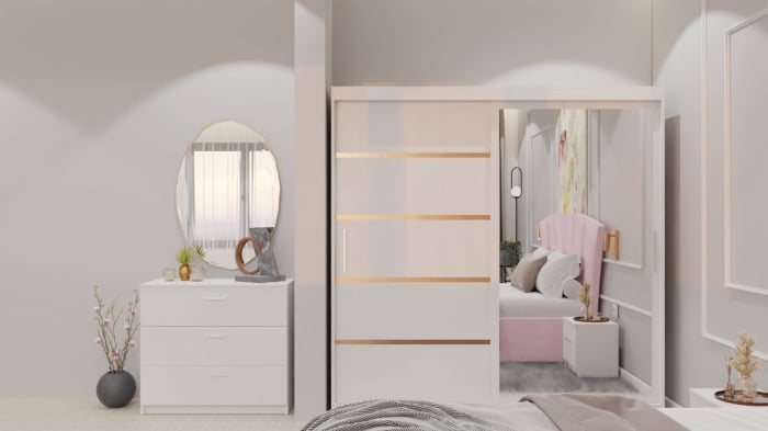 Dormitor Lucas cu Pat Tapitat Stofa Roz cu dulap 200*200 usi glisante Alb cu oglinda , noptiere si comoda [10]