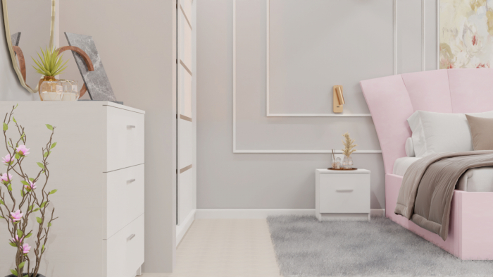 Dormitor Lucas cu Pat Tapitat Stofa Roz cu dulap 200*200 usi glisante Alb , noptiere si comoda [6]