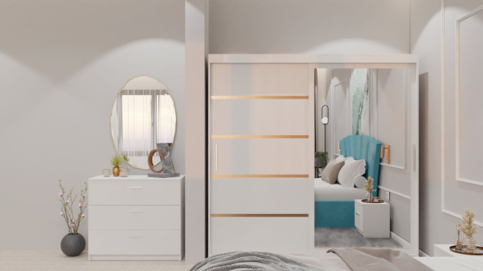 Dormitor Lucas cu Pat Tapitat Stofa Turcoaz cu dulap 200*200 usi glisante Alb cu oglinda , noptiere si comoda [10]