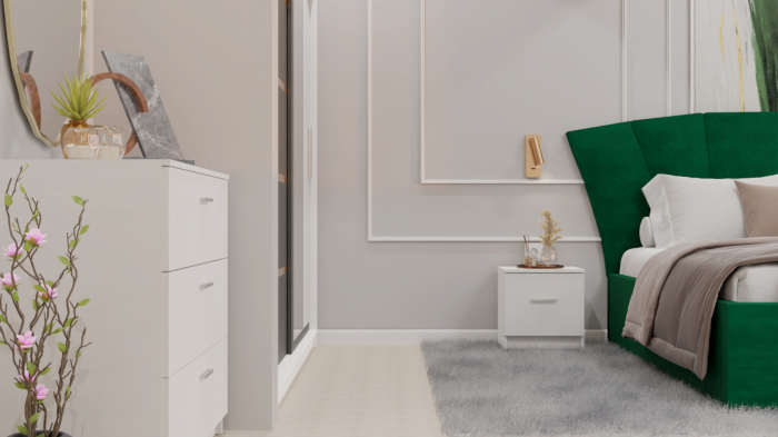 Dormitor Lucas cu Pat Tapitat Stofa Verde cu dulap 200*200 usi glisante Antracit&Alb cu oglinda , noptiere si comoda [6]