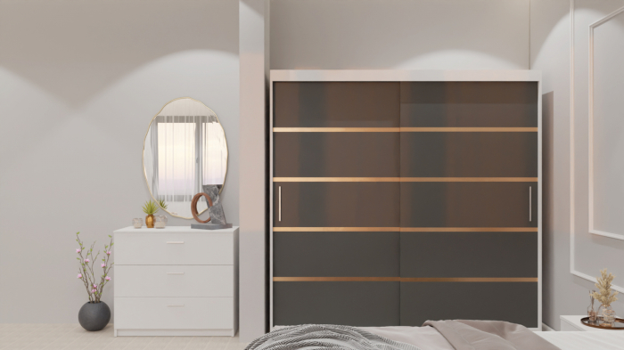 Dormitor Lucas cu Pat Tapitat Stofa Verde cu dulap 200*200 usi glisante Antracit&Alb , noptiere si comoda [5]