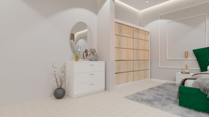 Dormitor Lucas cu Pat Tapitat Stofa Verde cu dulap 200*200 usi glisante Sonoma&Alb , noptiere si comoda [2]