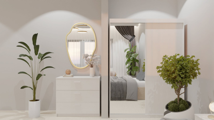 Dormitor Lucas Tapitat Bej 2 Usi Alb cu Oglinda [7]