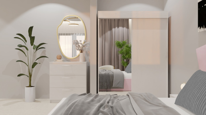 Dormitor Lucas Tapitat Roz 2 Usi Alb cu Oglinda [4]