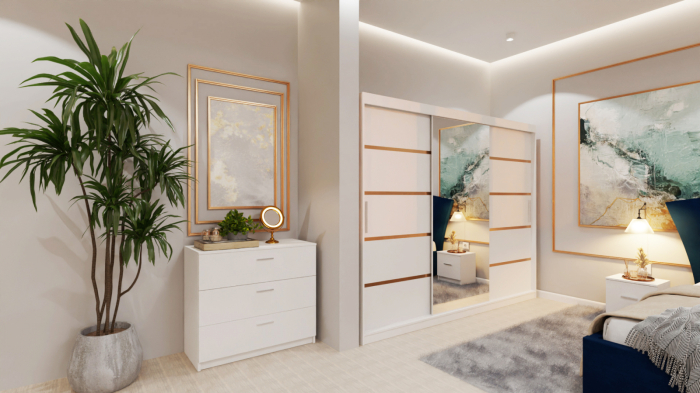 Dormitor Lucas Tapitat Stofa Albastru cu dulap 250*200 usi glisante Alb cu Oglinda, noptiere si comoda [2]