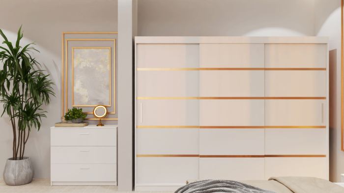 Dormitor Lucas Tapitat Stofa Albastru cu dulap 250*200 usi glisante Alb, noptiere si comoda [5]