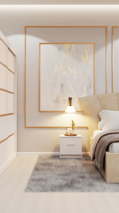 Dormitor Lucas Tapitat Stofa Bej cu dulap 250*200 usi glisante Alb, noptiere si comoda [6]